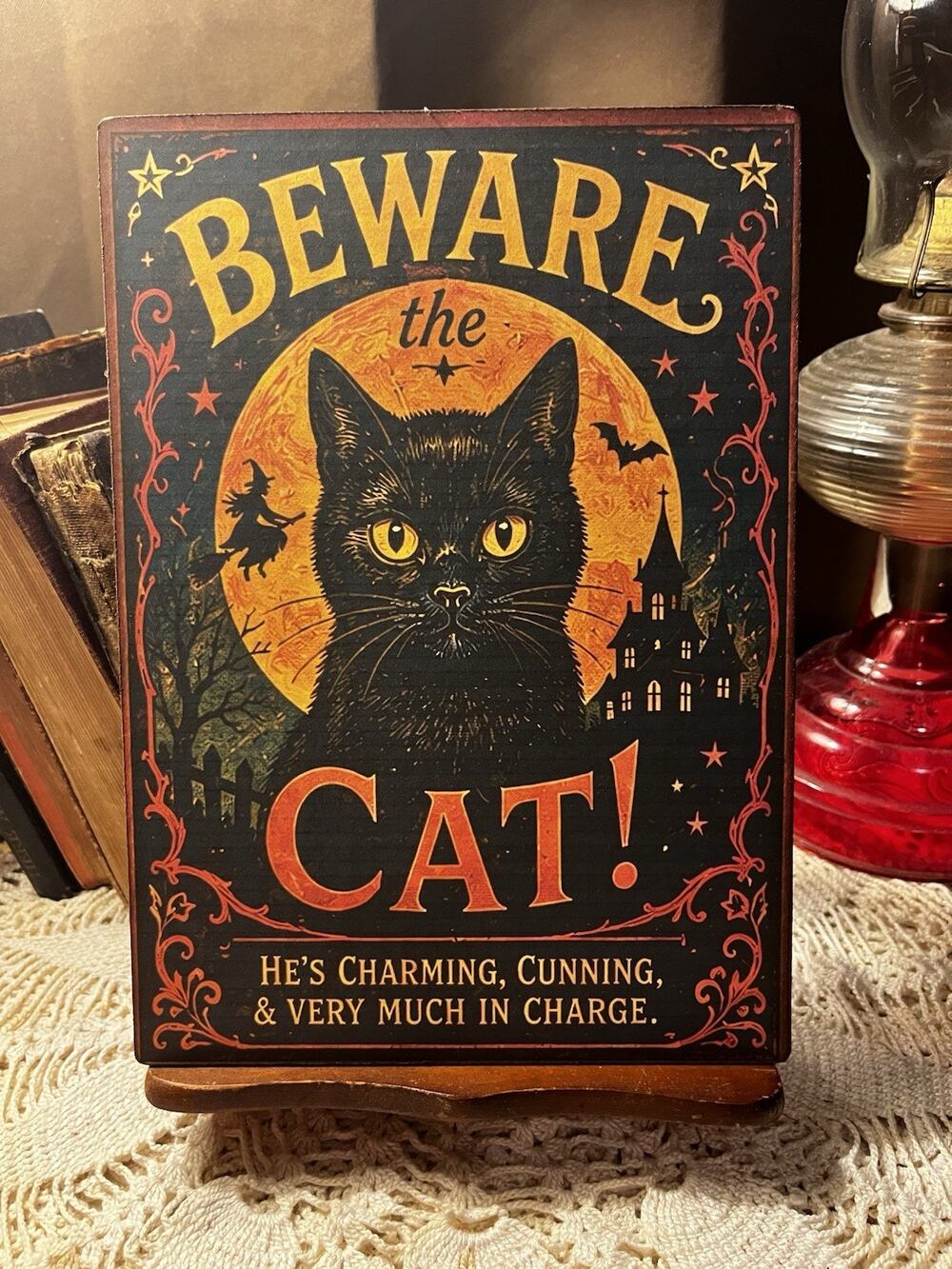 Halloween, Beware The Cat, Retro Handcrafted Plaque